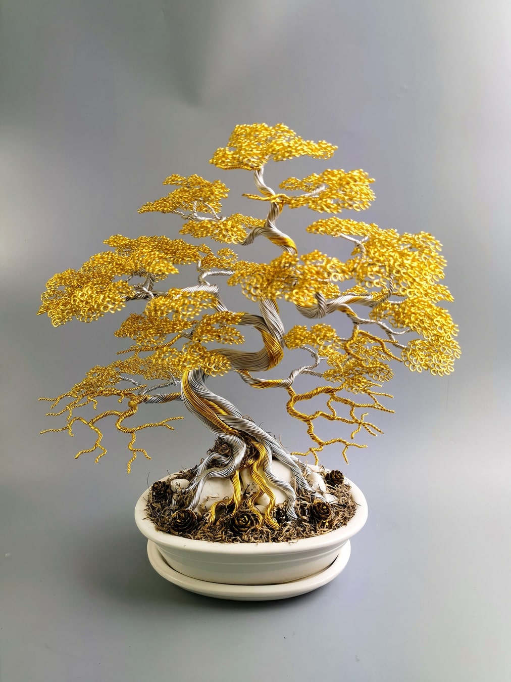 Bonsai w doniczce, złoto srebrne, anioły