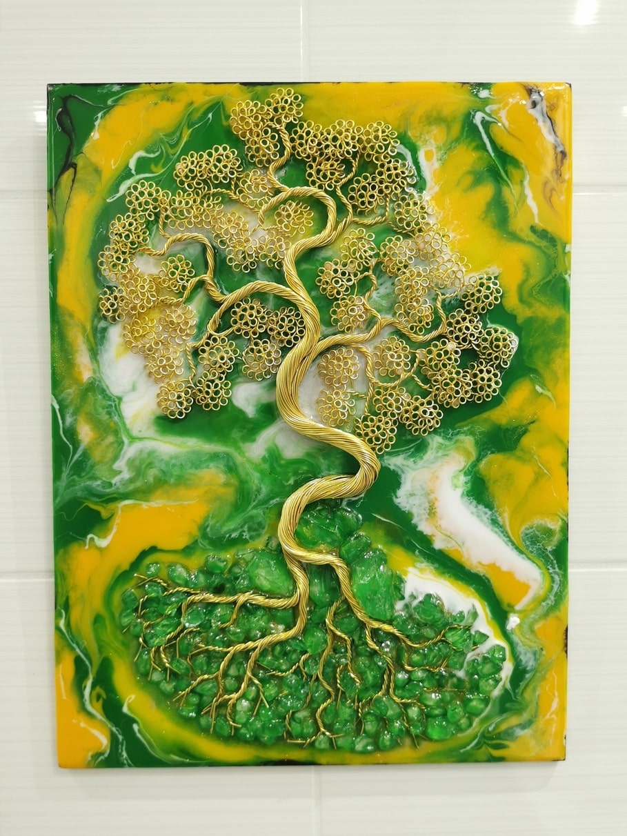 złote bonsai, zielony, pomarańcz, szkło artystyczne
